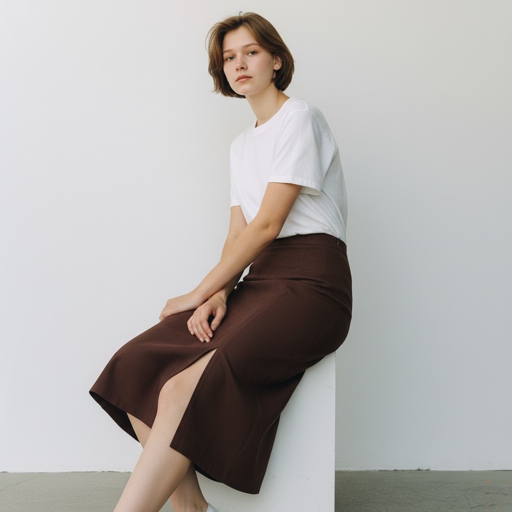 Y2K Norton Studio Petites Faux Suede Midi Pencil Skirt Brown 10P